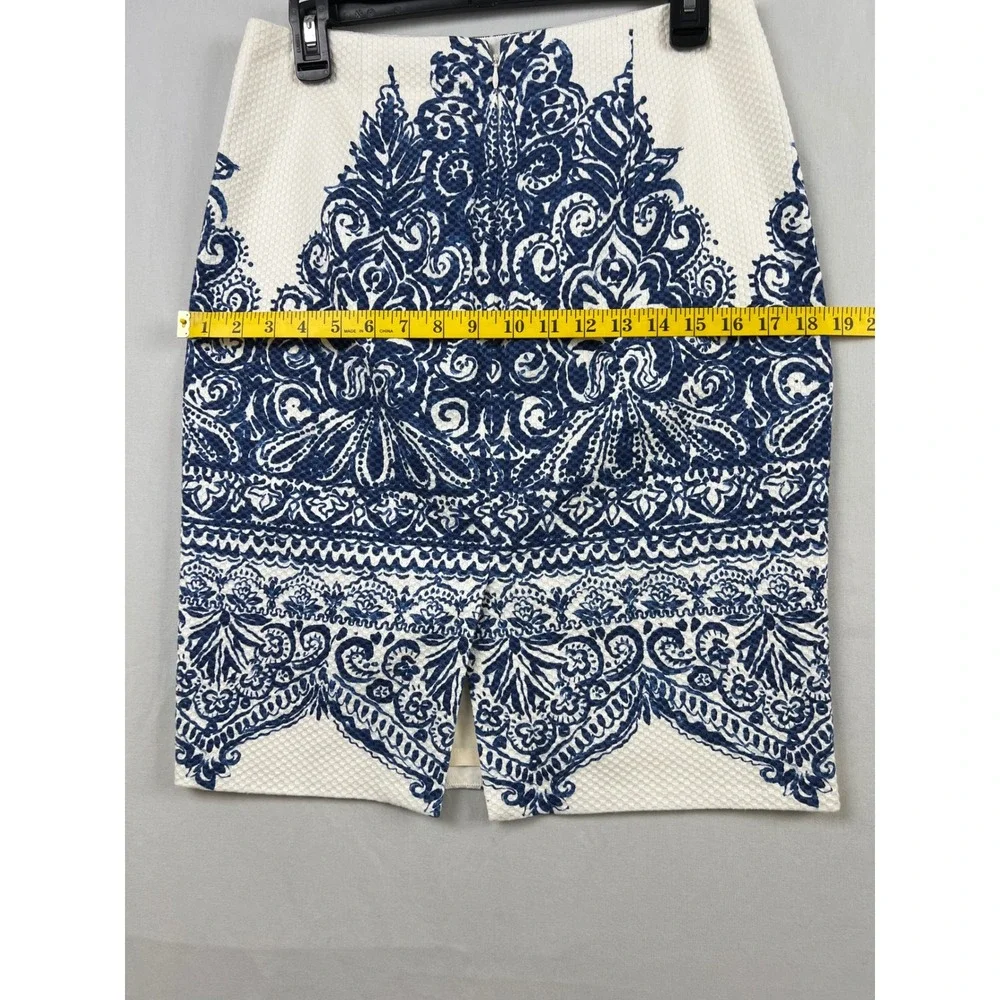 J.Crew No. 2 Pencil Skirt Women 4 White Blue Damask Tile Print Pique Cotton Bl